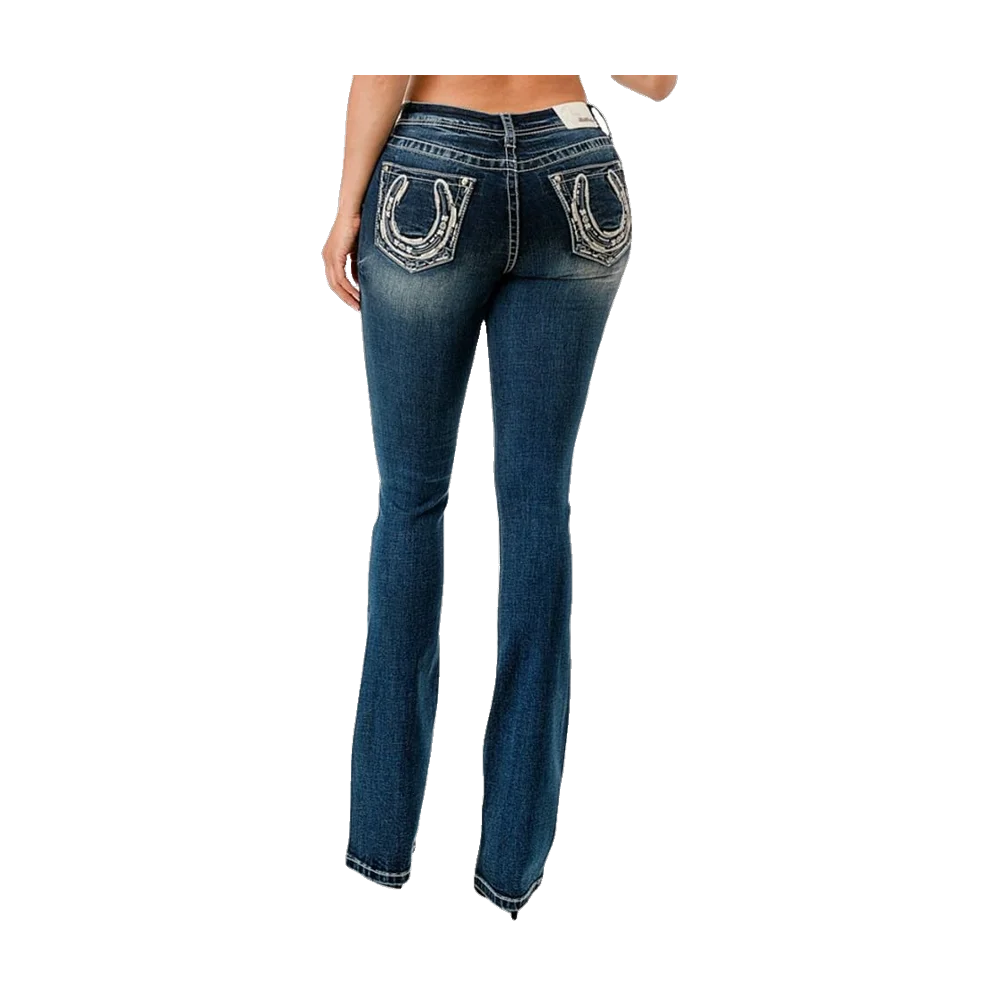 Horse Shoe Pocket Mid-Rise Boot Cut Jeans 34" Grace In La