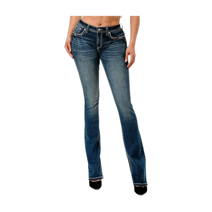 Horse Shoe Pocket Mid-Rise Boot Cut Jeans 34" Grace In La