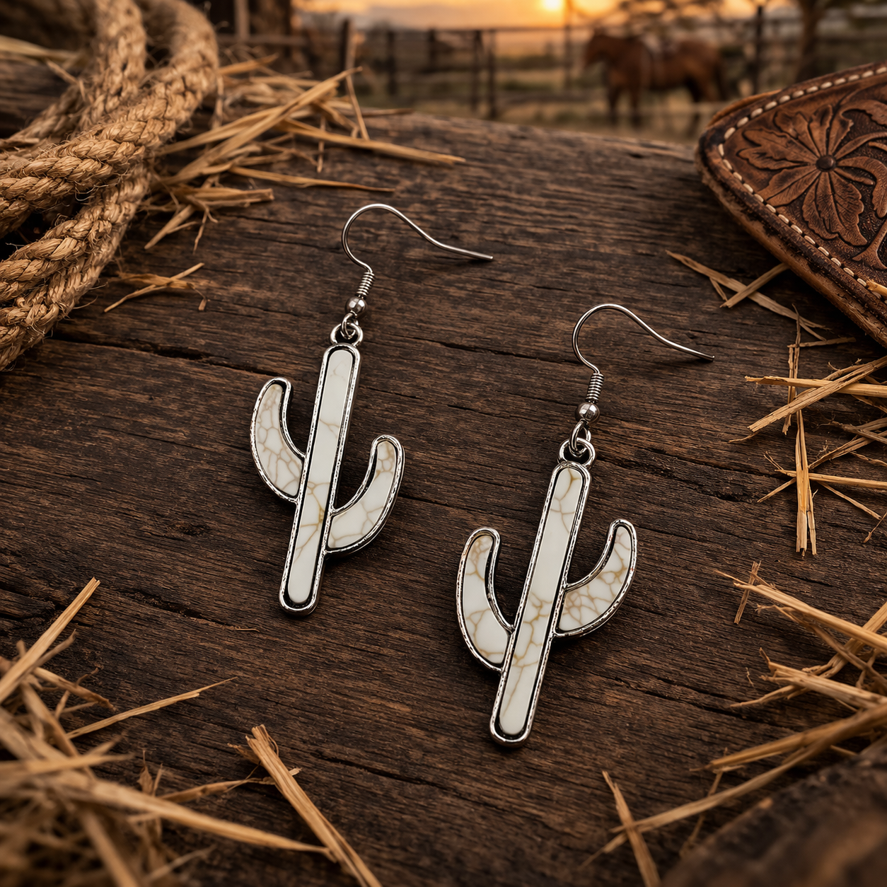 Silvermetall med vit turkos sten kaktus örhänge