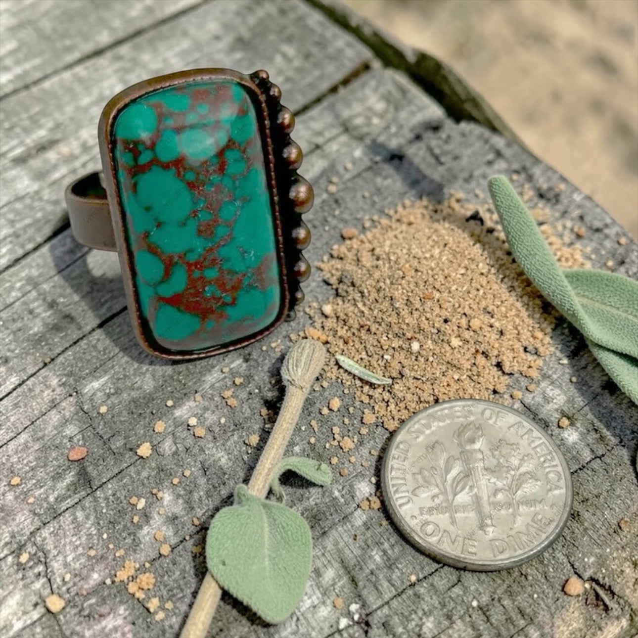 Kopparmetall med blå turkos rektangelsten ring