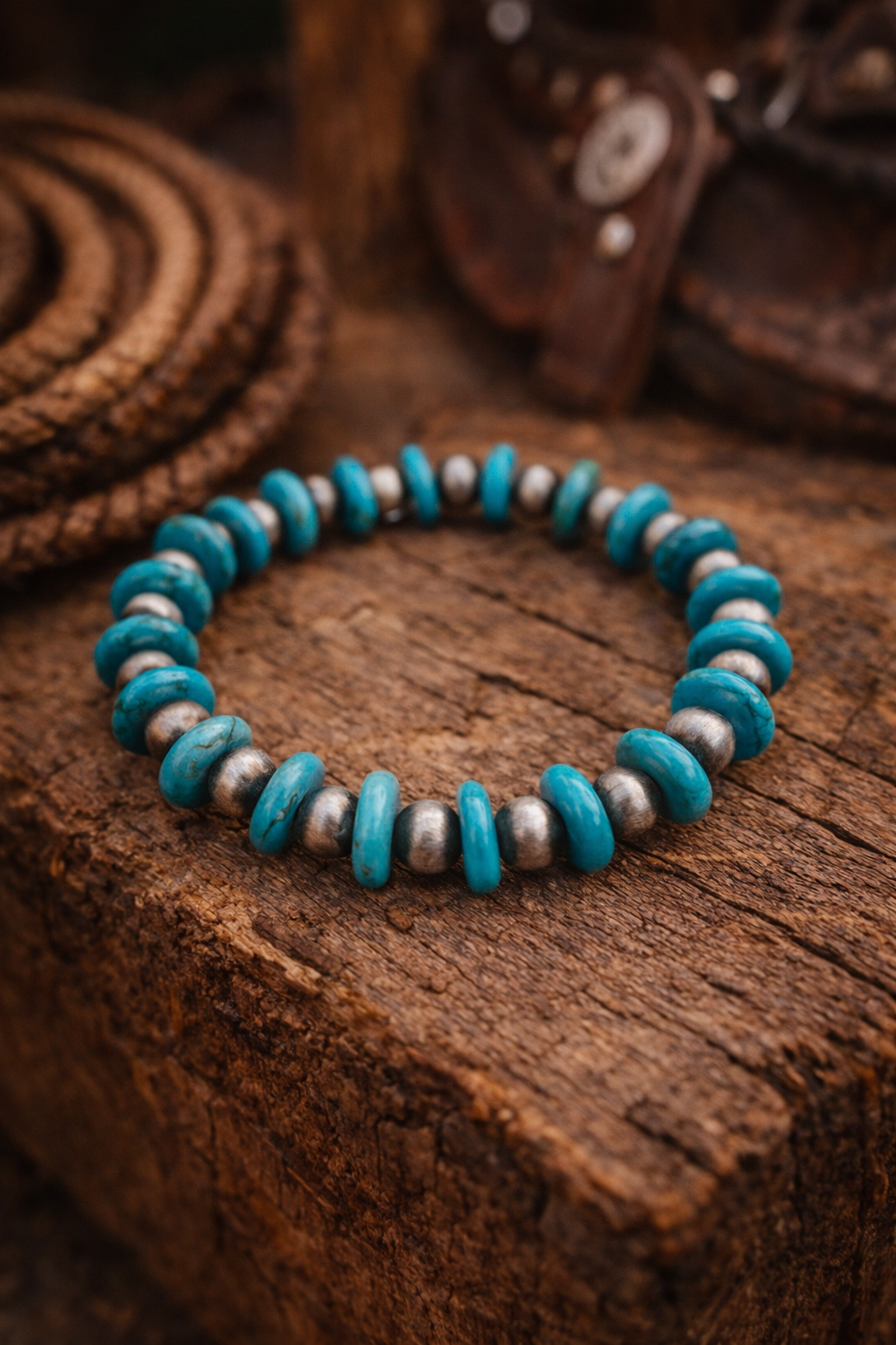 Stretch Bracelet  Flat Turquoise/Silver Stone