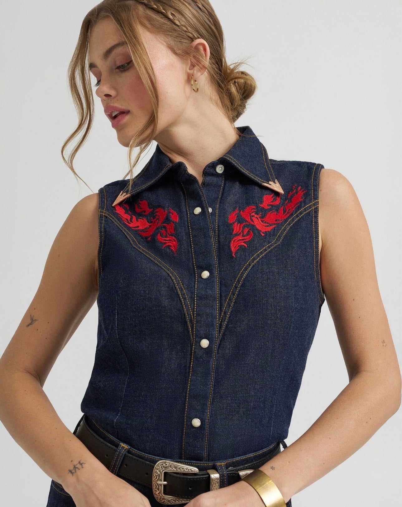 Lainey Wilson x Wrangler Embroidered Sleeveless Denim Shirt