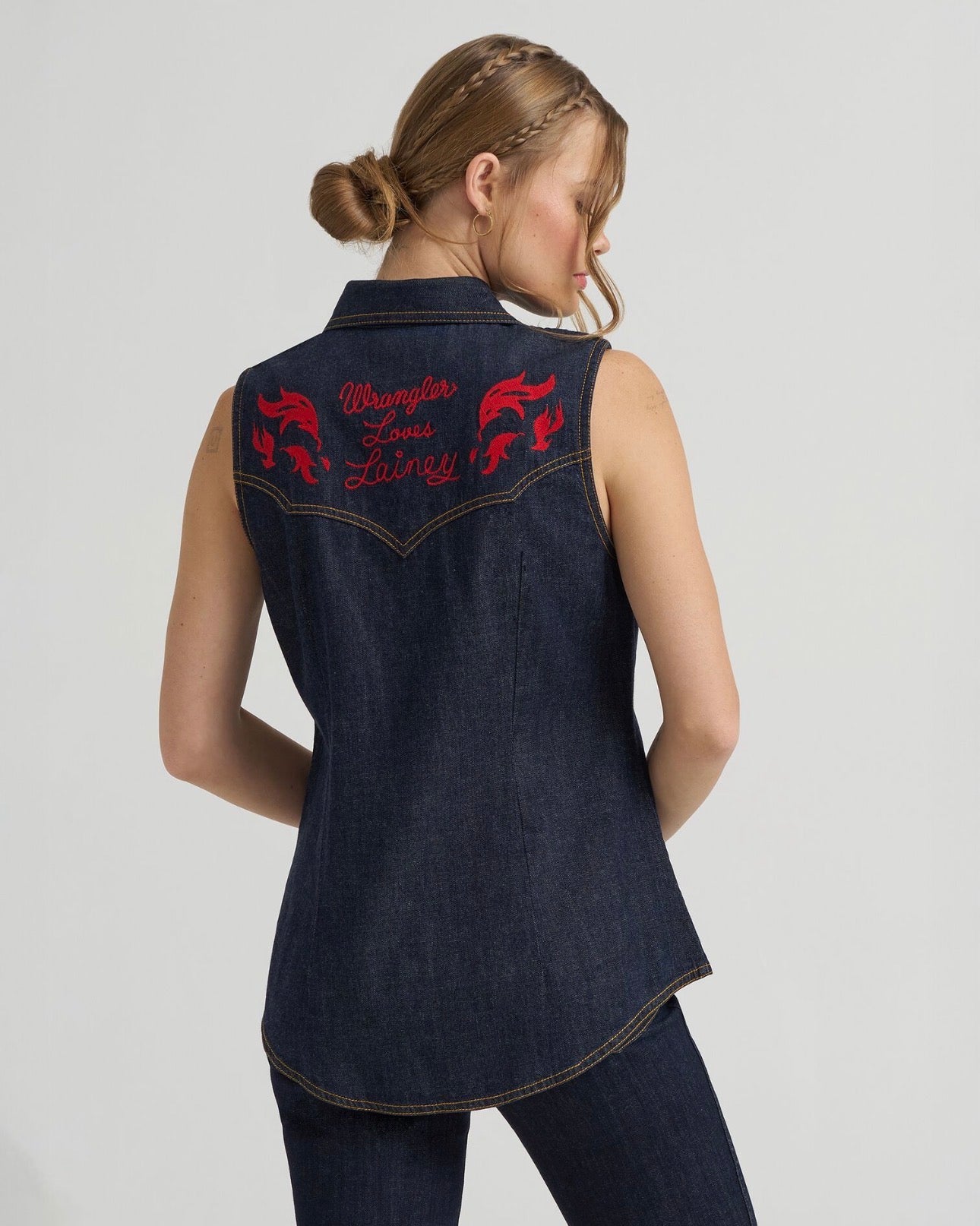 Lainey Wilson x Wrangler Embroidered Sleeveless Denim Shirt