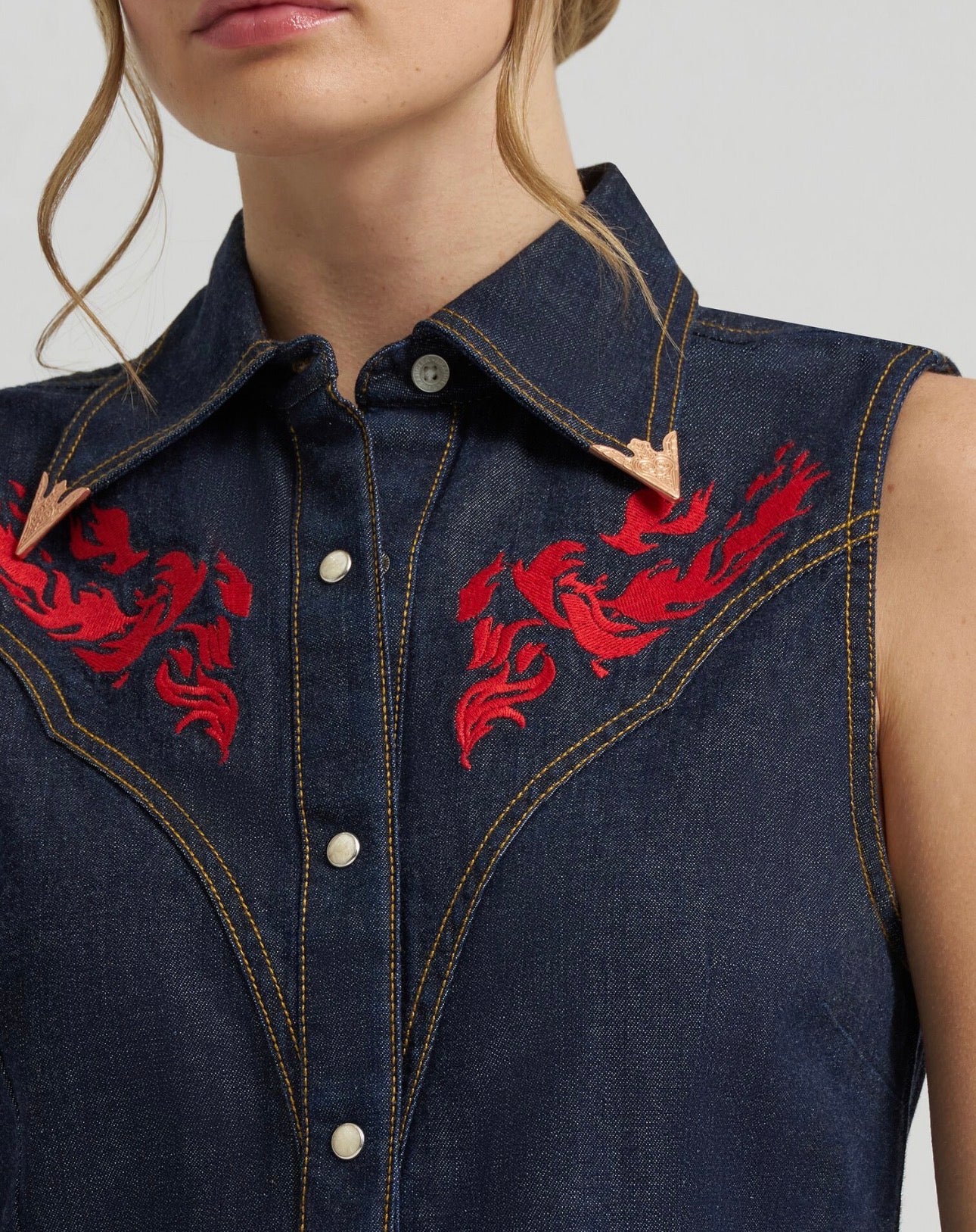Lainey Wilson x Wrangler Embroidered Sleeveless Denim Shirt