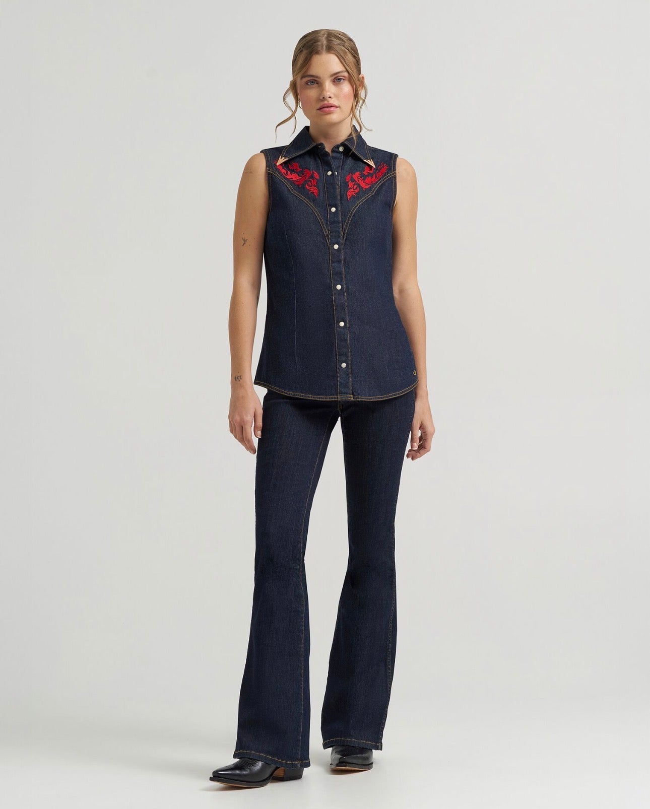 Lainey Wilson x Wrangler Embroidered Sleeveless Denim Shirt