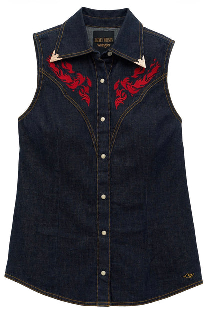 Lainey Wilson x Wrangler Embroidered Sleeveless Denim Shirt